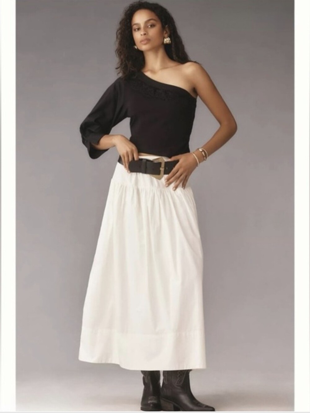 NWT By Anthropologie One-Shoulder Puff Sleeve Black Top - Picture 3 of 16